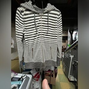 Calvin Klein Gray and White Striped Zip-Up Hoodie Size Large